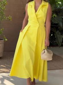 Sleeveless, Solid-Color Maxi Dress With V-Neck And Pleated Lapel, Elegant, New European And American Autumn 2026 Collection - 黃色 - 查看 3