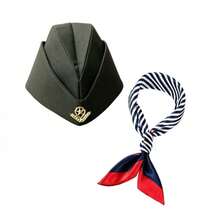 6, 2 Pieces European Air Hostess Pilot Matching Accessories Wheat Emblem Cap Contrast Red-Blue Striped Neck Bandana - Multicolor - View 12