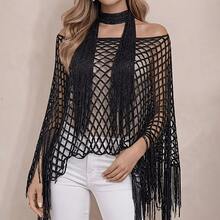 2PCS Women's Fashion Hollow Out Sun Protection Shawl And Scarf Set, Tassel Design Pullover Beach Cover-Up, Suitable For Casual Outings, Parties, Beach Vacations, Hand Washable, Perfect Holiday Outfit - Multicolor - View 3