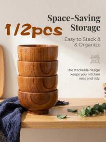 OBOVAY 1/2pcs Japanese Minimalist Solid Wood Rice Bowl, Rustic Wood Grain, Large Capacity, Suitable For Soup, Noodles, Etc., Wooden Texture May Vary Slightly - Brown - View 1