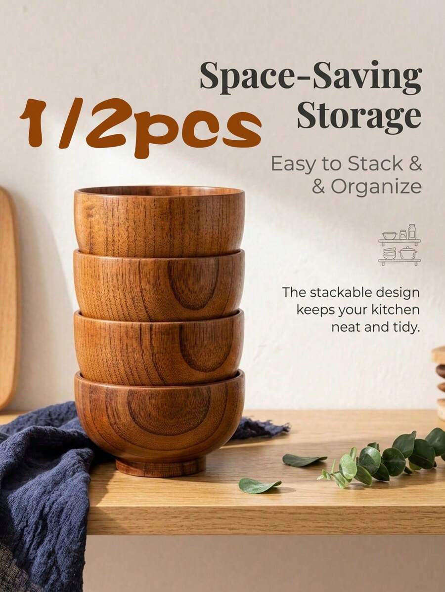 OBOVAY 1/2pcs Japanese Minimalist Solid Wood Rice Bowl, Rustic Wood Grain, Large Capacity, Suitable For Soup, Noodles, Etc., Wooden Texture May Vary Slightly - Brown - View 1