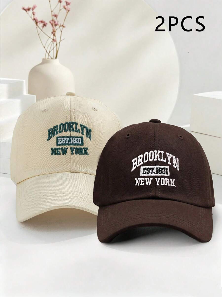 2件裝 Y2K 男女通用棒球帽,刺繡 BROOKLYN NEW YORK 字母,防曬、透氣、時尚,適合日常戶外穿著與遮陽 - 咖啡+米色 - 查看 1