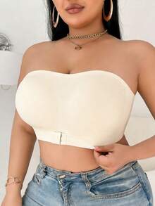 1pc Sexy Front Closure Plus Size Bandeau Bra, Push-Up Side-Support Seamless Strapless Bustier Bra In Apricot - Apricot - View 5