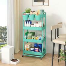 3 Tier Plastic Rolling Storage Cart With Extra Hanging Cups Handles Lockable Wheels For Living Room Bathroom Kitchen Office White - Green - View 4