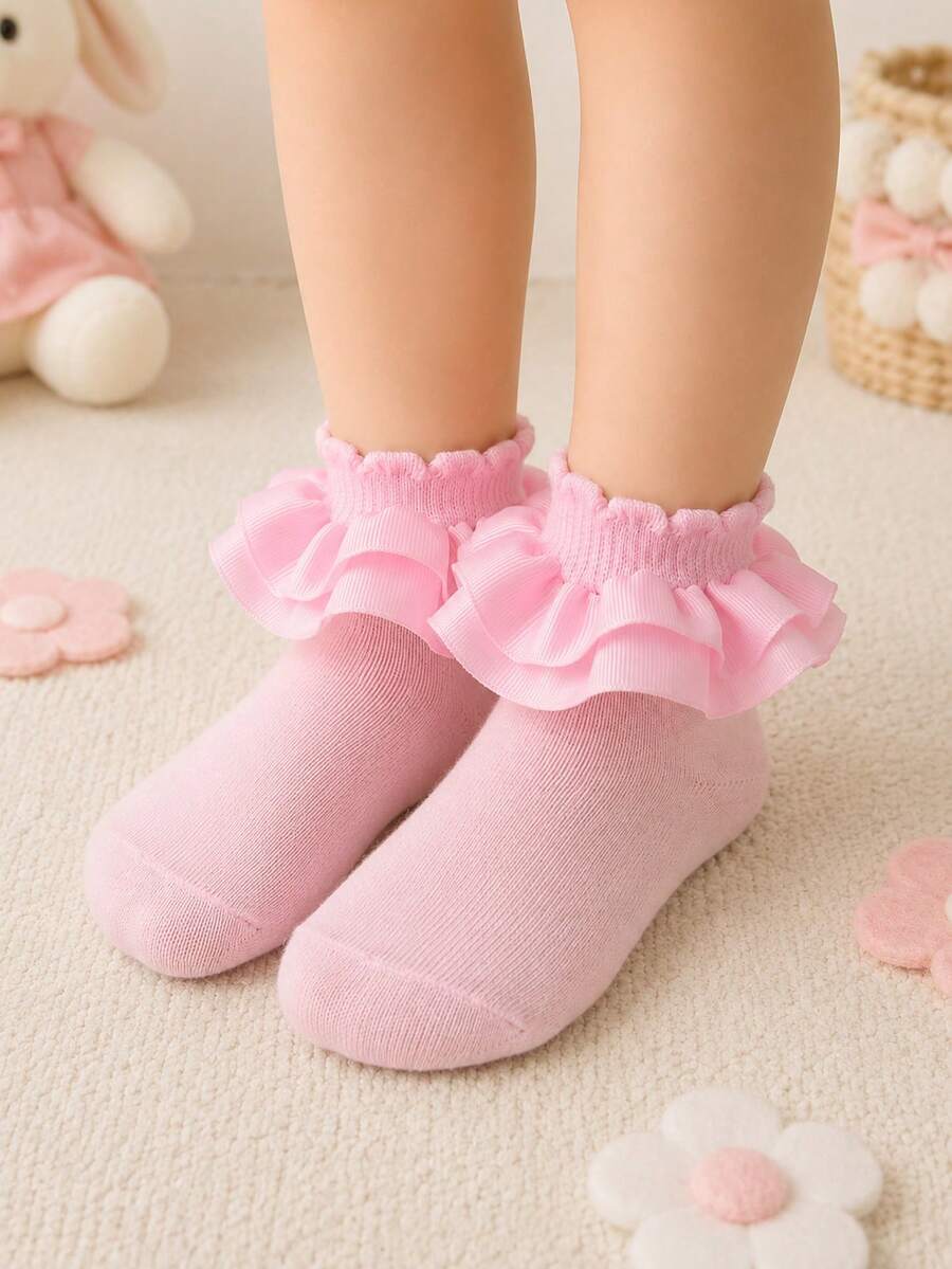 1 Pair Children's Ruffle Princess Socks, Fresh Bright Color Lace Socks For Girls And Toddlers, Daily Short Socks - Pink - View 1