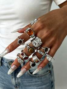 12pcs Boho Vintage Faux Gemstone Women's Rings Set, Suitable For Vacation, Daily Wear And Party - Silver - View 4