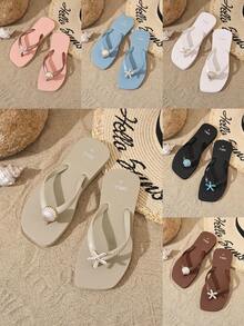 OXLL 女款夏季手工滴油不對稱 AB 貝殼與海星裝飾波希米亞風軟底戶外沙灘度假夾腳拖 - 杏色 - 查看 9
