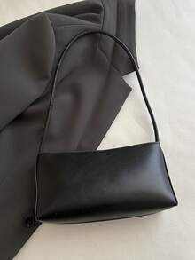 Bolso baguette de moda retro primavera/verano, apertura con cremallera, ligero y minimalista, superficie suave de unicolor, bolso de hombro y axila de pequeña capacidad - Negro - Ver 5