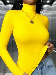 女款休閒高領修身長袖T恤 黃色 - 黃色 - 查看 3