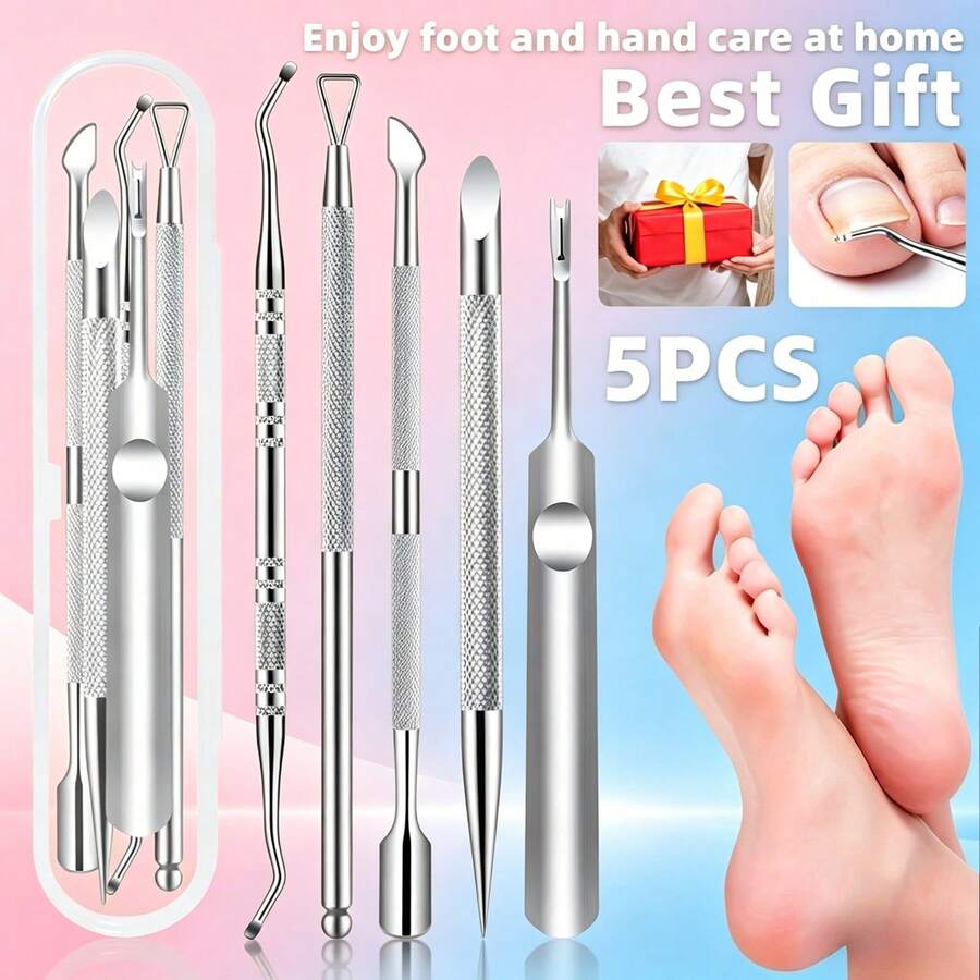 5pcs Set High-Quality Stainless Steel Manicure And Pedicure Tools, Including Portable Travel Case. This Complete Manicure And Pedicure Set Includes Callus Remover, Toe Lifter And Manicure Tools Suitable For Men And Women. - Silver - View 1
