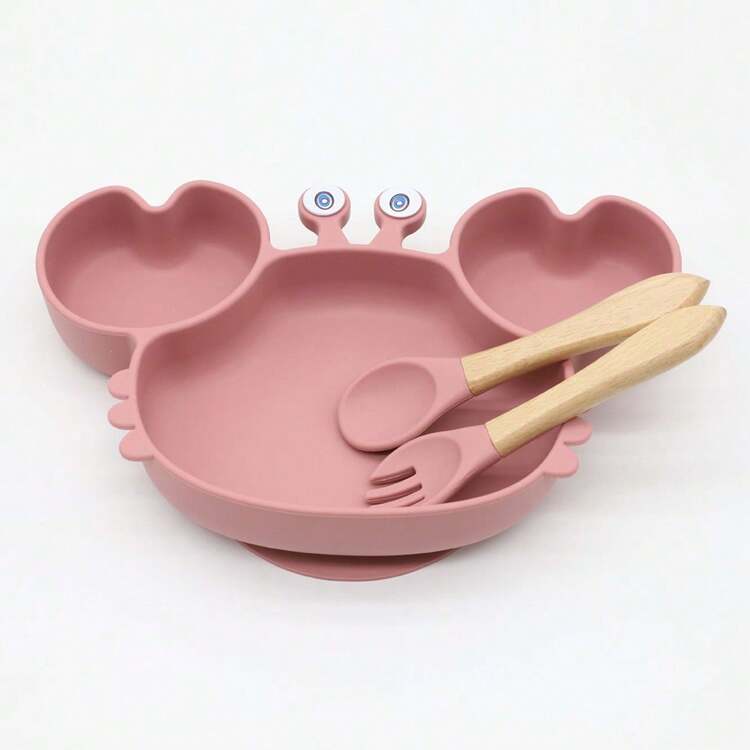 Infant Silicone Tableware Baby Cartoon Crab Plate Wooden Spoon Fork Drop-Resistant - Dark Red - View 2