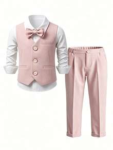 3pcs Young Boys Suit Set - Vest + Pants + Matching Bow Tie, Formal Occasion Outfit, Pageant Ceremony Performance Gentleman Attire - Pink - View 1