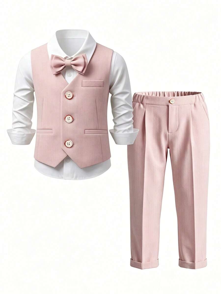 3pcs Young Boys Suit Set - Vest + Pants + Matching Bow Tie, Formal Occasion Outfit, Pageant Ceremony Performance Gentleman Attire - Pink - View 1