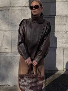 Women's PU Leather Zipper Aviator Jacket, Street Style Outdoor Wear, Faux Leather Black Red Jacket Fall - Mocha Brown - View 4