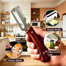 1/2pcs Multi-Function Vegetable Peeler, 3-In-1 Kitchen Peeler With Wooden Handle, Grater And Bottle Opener, Suitable For Potatoes, Carrots, Apples, Fruits And Vegetables - Silver - View 6