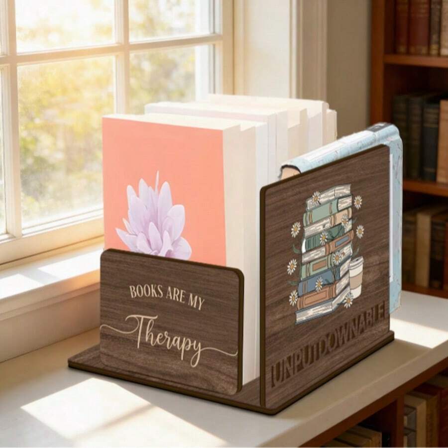 Wooden Bookend Inspirational Quote Mini Desktop Bookshelf Book Corner Slope Design Storage Rack Gift For Book Lovers And Readers - Brown - View 1