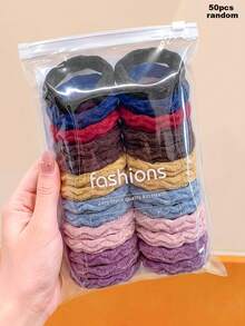 50/30/10/Set Wavy Texture Towel Loop Hair Ties, Wavy Texture Design, Multiple Colors Available, High Elasticity, Girls Ponytail Hair Accessories - Suitable For Women And Girls, Suitable For Daily, Date, School, Vacation, Beach, Party, Holiday, Gift, Graduation Season Elastics Rubber Bands - Multicolor - View 8