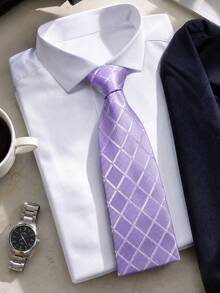 1pc Men's Purple Plaid Tie, Fashionable & Unique, Suitable For Wedding Party - Mauve Purple - View 2