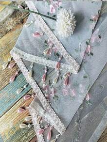 1件新款粉色刺繡小花聖誕節裝飾小窗簾，廚房多用途半透明窗簾，穿桿設計，清新風格完工穿桿短款咖啡簾 - 米色 - 查看 5