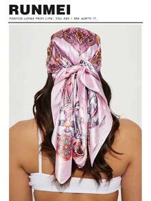 1 pieza Pañuelo cuadrado de satén con estampado minimalista rosa, accesorio de moda para el cabello de mujer de primavera, se puede usar como cinturón, cinta, diadema o pañuelo para la cabeza - Rosa Pálido - Ver 9