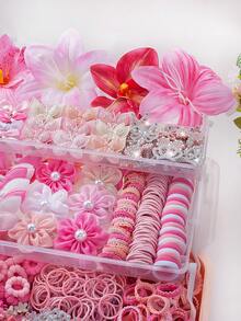 855PCS Pink Sweet Princess Style Girly Hair Accessory Set, Suitable For Girls. Includes Artificial Lily/Double Layer Glitter Butterfly/Pearl Mesh Flower Hair Clips, Rhinestone Heart Crown Bow Rabbit Bangs Clips Side Clips, Mini Claw Clips, Rabbit Ear Hair Ties, Multiple High Elasticity Non-Damaging Basic Hair Ties. Suitable For Daily/Party/Performance Use - Multicolor - View 2