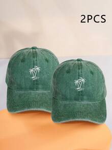 1pc/2pcs Unisex Y2K Style Embroidered Coconut Tree Washed Baseball Cap, Outdoor Sun Protection Hat Suitable For Outdoor Sports, Sunshade And Daily Commute - Dark Green - View 7