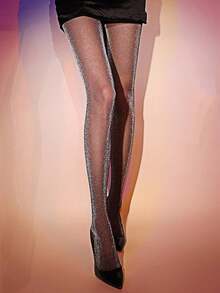 1 par de medias de brillo plateado con purpurina, medias sexys ajustadas de cintura alta, leggings brillantes de moda para fiestas para mujeres - Negro - Ver 6