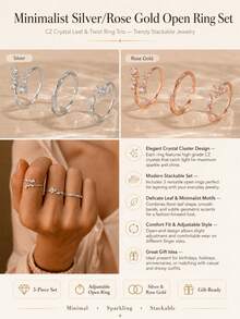 1 Set 3pcs Minimalist Silver/Rose Gold Open Ring Set | CZ Crystal Leaf & Twisted Rope Rings - Stackable Rings, Women & Girls Geometric Rings - Multicolor - View 4