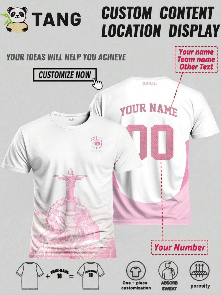 Brazil Statue Style Customized Men's Soccer Jersey & Customizable Name & Number & Crew Neck Soft Lightweight Sports Top & Training, Casual, Gift