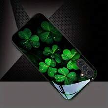 [Ships Within 24 Hours]Fresh Clover Phone Case, Black Background With Green Leaf Clover Print, Full-Cover Anti-Drop Glass Case, Suitable For Apple 17/16/15/14/13/12/11/X/Xs/Pro/Plus/Max,  S21/S22/S23/S24/S25/S26, And Other Models Such As , , Etc. - Image 1 Pcs - View 6