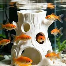 1個白色樹樁魚缸躲避穴，水族景觀裝飾魚類與蝦類繁殖隱蔽洞穴，逼真漂流木樹脂飾品，無味，適用於魚類，創意樹洞設計帶多個開口方便出入，為觀賞魚提供安全感並減輕壓力，適合小型熱帶魚、鬥魚、鸚鵡魚，營造自然環境，兼具水族美化與實用性 - A - 查看 1