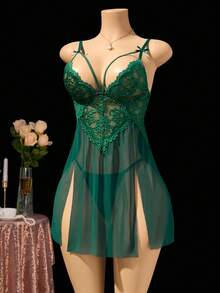 Burgundy Deep V Backless Lace  Dress – Strapless Mesh Slit Sexy Doll Dress + Sheer Thong, Romantic Couple Lingerie Set For Sleepwear - 墨綠色 - 查看 3