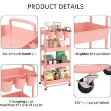 3 Tier Plastic Rolling Storage Cart With Extra Hanging Cups Handles Lockable Wheels For Living Room Bathroom Kitchen Office White - Pink - View 7