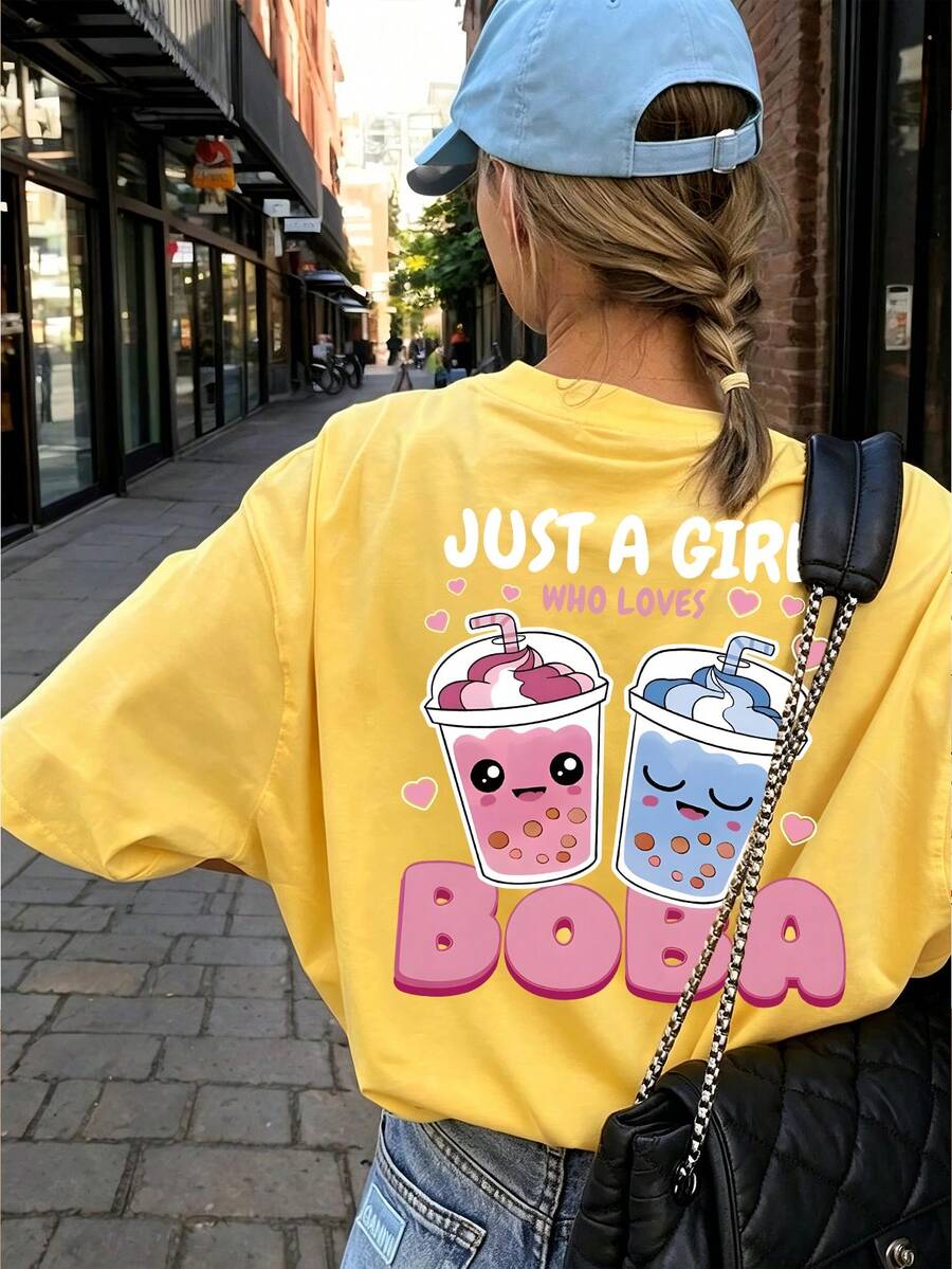 Cute & Playful Pearl Milk Tea Graphic Print T-Shirt, Suitable For Spring/Summer Wear, Teen Girls Style - Yellow - View 1