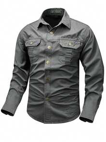 Men's Solid Color Military Style Casual Long Sleeve Button-Down Shirt, Slim Fit Design With Dual Pockets, Suitable For Outdoor & Daily Wear, Rugged Look - Dark Grey - View 2