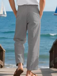 Herren Frühling/Sommer dünne atmungsaktive Hip-Hop Leinen Lässig Sport Langhose, Strand gerade geschnittene einfarbige Hawaii Hose, geeignet für alle Jahreszeiten & Urlaubsessentials - Hellgrau - Übersicht 3
