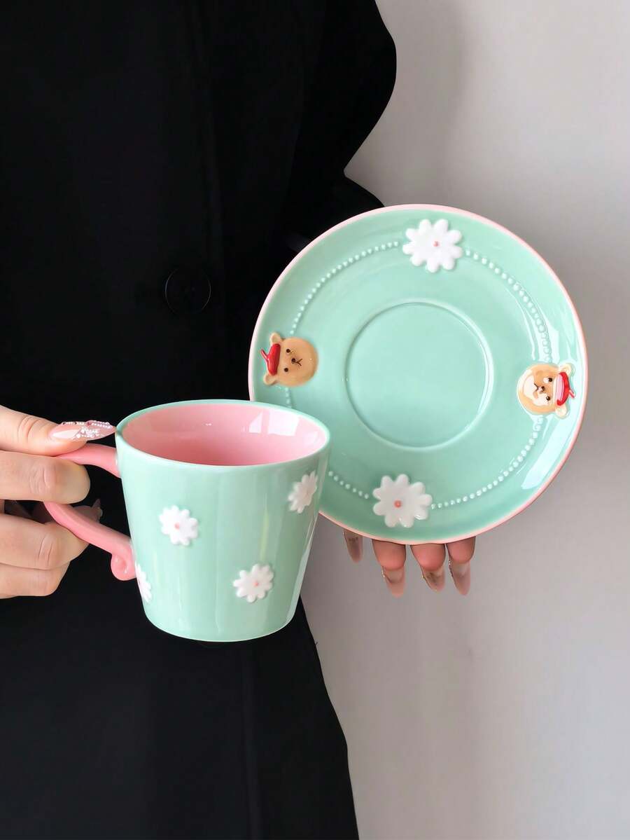 1 Set Dopamine Relief Hand-Painted Ceramic Coffee Cup & Saucer, Korean Cute Ins Style Niche Design Coffee Cup, Paired With Cartoon Bear & Flower Pattern Saucer, Girly Personalized Cup, Perfect For Coffee & Afternoon Tea, Gift