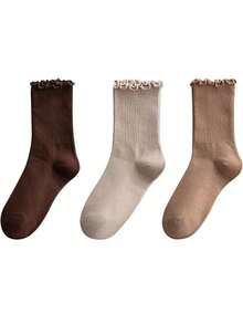 3/6 Pairs Japanese Sweet Minimalist British Academy Style Maillard Color Frill Trimmed Ruffle Lace Mid-Calf Socks - Multicolor - View 15