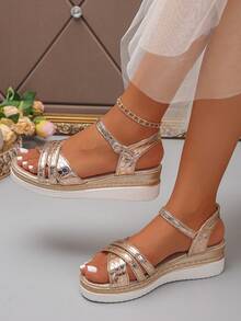Women's Wedge Platform Sandals With Buckle Strap, Fashionable Versatile Height-Increasing Sandals For Summer Beach - Champagne - View 3