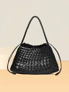 1PC New Women's Shoulder Underarm Crescent Bag, Minimalist Daily Versatile, Solid Color PU Woven Texture, Elegant High-End Quality, Rope Knot Closure Lightweight And Convenient, Suitable For Travel, Shopping, Dating, City Commute, Office And Other Occasions - Black - View 3