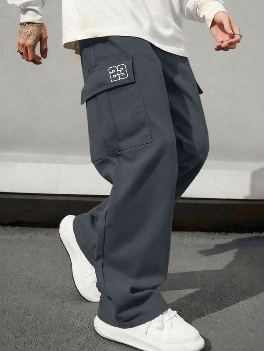 Spring/Autumn Plus Size Multi-Pocket Straight Leg Cargo Pants, Men's Loose Outdoor Commute Casual Long Pants - Dark Grey - View 1