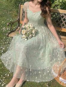 Vestido de mujer elegante y vintage con bordado de flores en malla, vestido casual de flores pequeñas para vacaciones, vestido largo formal, vestidos de verano para mujer, atuendos de festiv - Verde - Ver 1