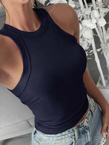Musculosa De Cuello Redondo Y Ajuste Ajustado unicolor - Azul marino - Ver 1
