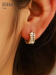 Hihho 1 Pair European & American Luxury Style Premium Double Row Bead Zirconia Small Ear Cuffs, Alternating Metal Round Beads And Full Zirconia Inlay, Elegant & Exquisite Atmosphere, Suitable For Daily Commute, Date, Party, Multiple Occasions, Can Be Layered With Multiple Ear Piercings Or Paired With Ear Clips - Earrings - View 3