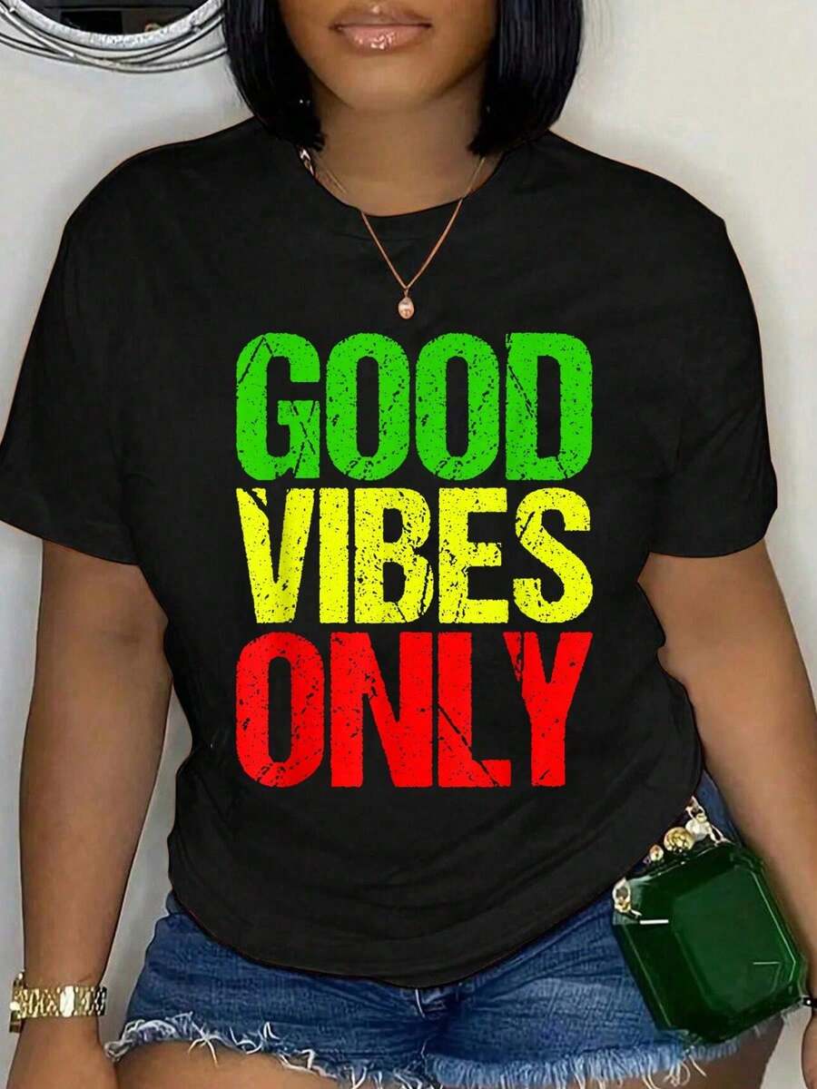 Women's Summer Short Sleeve T-Shirt, Plus Size, Y2K Style, 100% Cotton, Reggae, Good Vibes Only Jamaica One Love Rast A, For Women And Men, Loose Fit, Comfortable And Soft - 黑色 13 - 查看 1