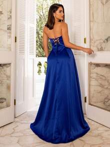 Elegant Women's Maxi Dress, Strapless, With Pleats And An A-Line Cut, Open Back And Draped Waist, Ideal For Prom And Parties. - 寶藍色 - 查看 2