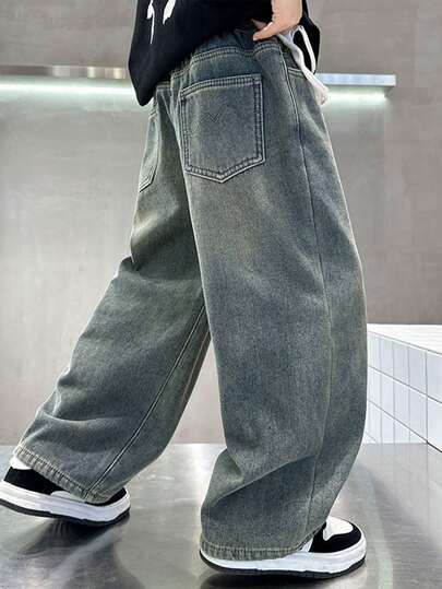 Jeans casuales de pierna ancha lavados para adolescentes