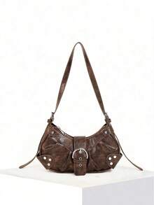 2025 Fashion Hot Y2K Rivet Motorcycle Bag, Vintage European Style Zipper Shoulder Bag, Oil Texture Design, Exquisite Appearance - Coffee - View 3