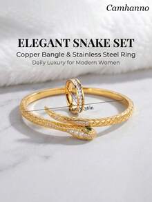 Camhanno 2pcs Premium Snake-Shaped Bracelet And Ring, Stainless Steel And Copper Plated 18K Gold, Skin-Friendly, Anti-Allergic, Waterproof, Sweat-Resistant, Bath-, Exquisite Scale Texture Design Luxury Jewelry - Gold - View 7