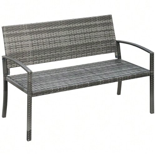 Tuinbank met rotanlook, parkbank met stalen frame voor 2 personen, balkonbank, maximaal draagvermogen 320 kg, grijs tuinmeubilair